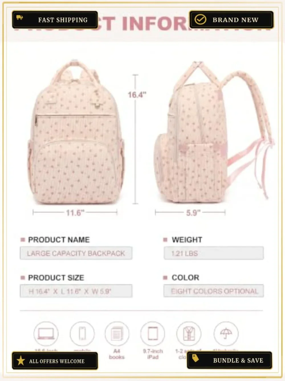 Padded Laptop Backpack for Women, Corduroy Lightweight College Backpack 15.6